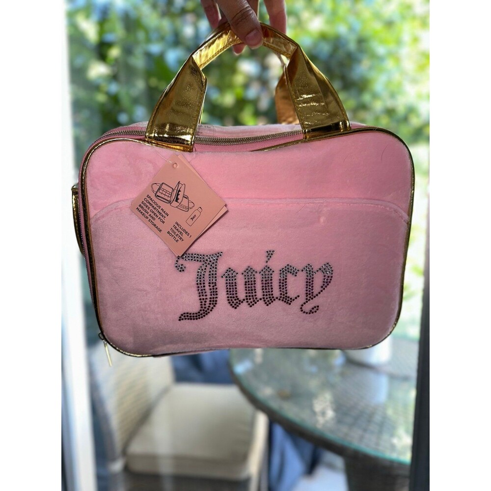 Juicy Couture Carry Case Makeup Cosmetics Pink Velour Bling Logo Bag